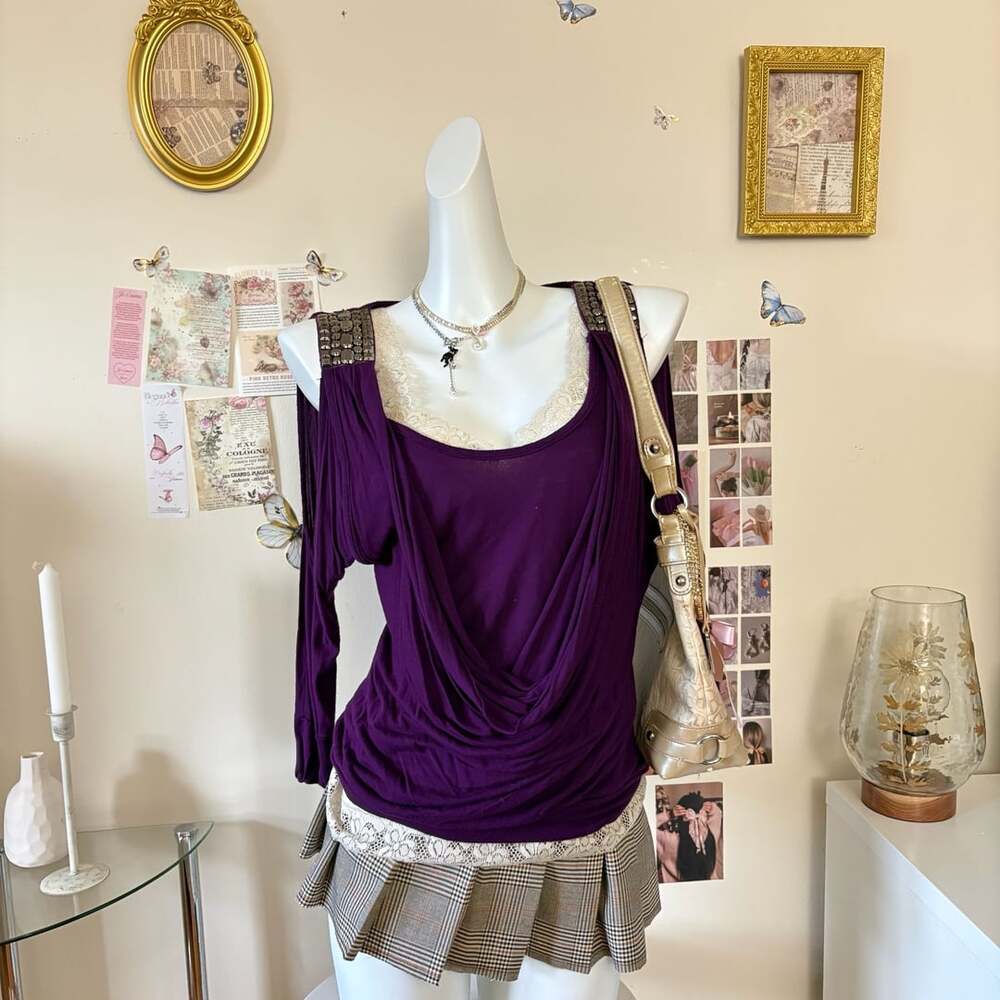 Y2K Venus Embellished Rhinestone Shoulder Draped Cowl Neck Purple Long Sleeve To